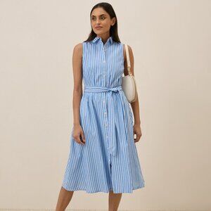 Pact Blue Bondi Stripe Sunset Lightweight Cotton Sleeveless Shirtdress